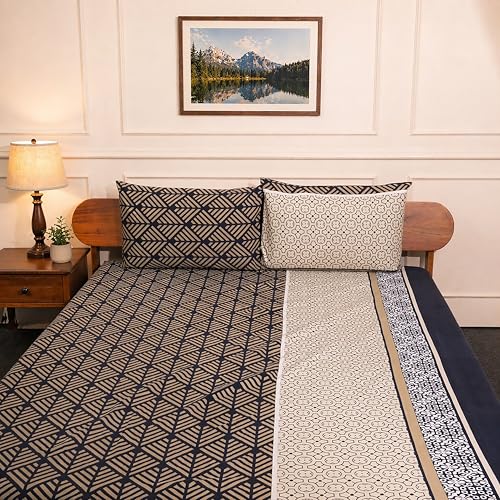 Image of Amazon Brand - Umi Cotton Fitted Bedsheet, Queen Size 78x60 Inches, Elastic Fit Bed Sheet, 10 Inch Deep Pocket, Soft Breathable Bedding, Durable Easy Care, with Pillow Cover-Midnight Maze