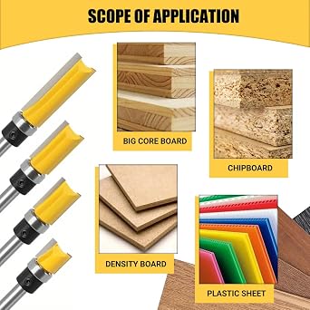 4 Pcs 1/4 Inch Shank Pattern Router Bit Set - Professional Flush Trim Tool for Woodworking, Durable Milling Cutter with Bearing