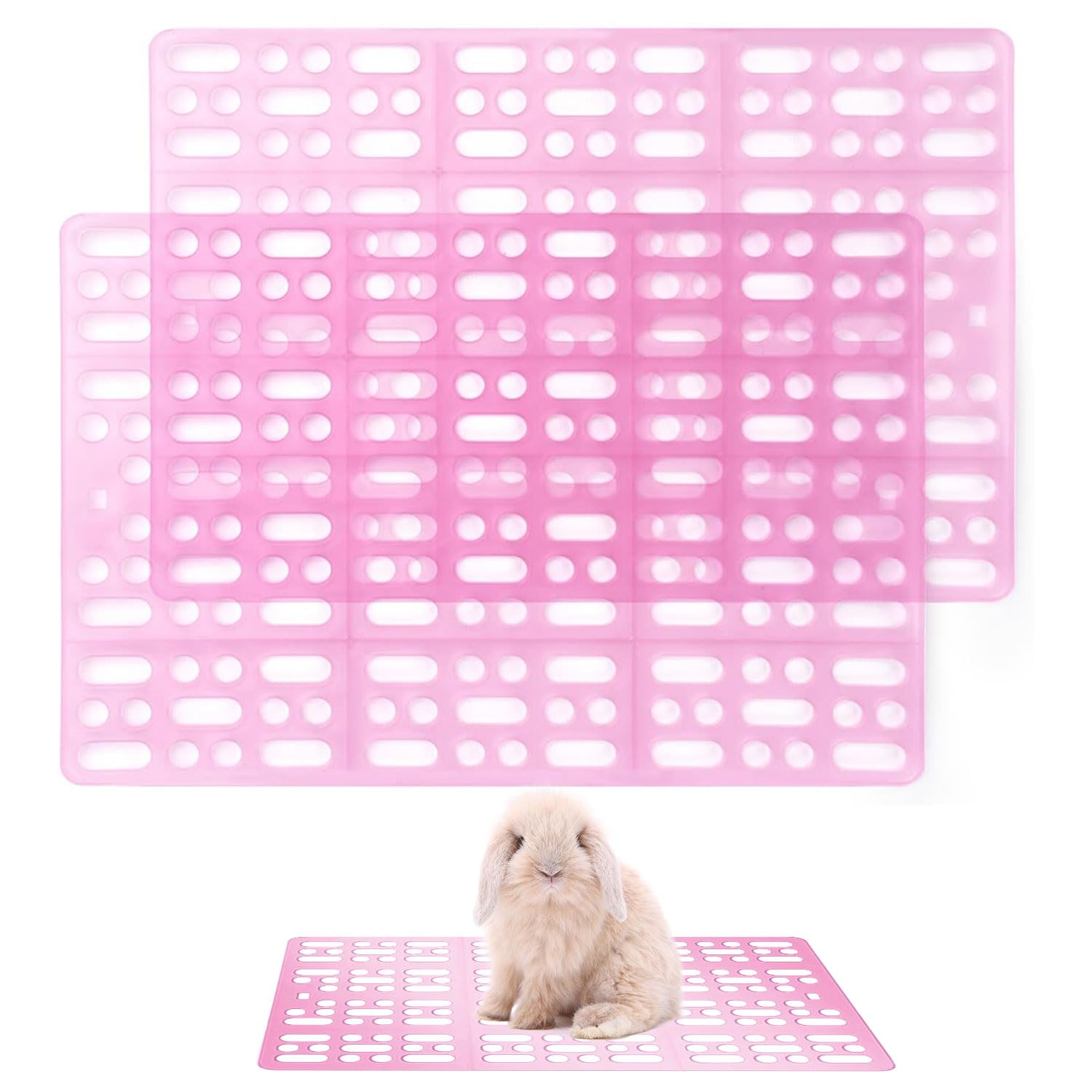BendJoy® 2Pcs Rabbit Cage Mat - Plastic Hollow Rabbit House Floor Mat with 4Pcs Fixed Clips, Durable Foot Resting Pads for Rabbit, Hamster, Guinea Pig (9.84”x13.39”, Pink)