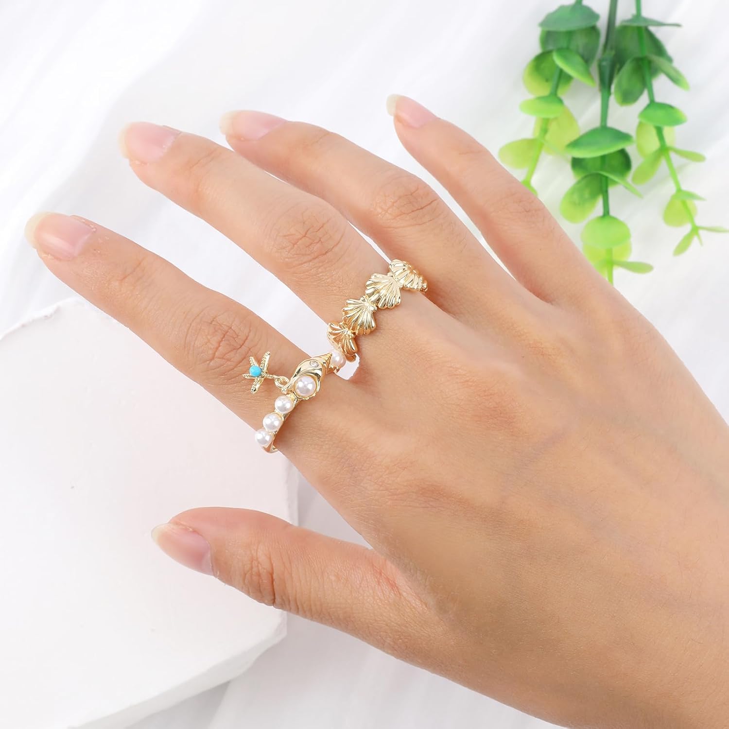 Shell Ring Flower for Women, Double Layer 14k Gold Plated Seashell Pearl Pink Daisy Flower Ring with Starfish Dangle Ocean Theme Stackable Ring Handmade Bohemian Beach Rings Gift for Ocean Lovers - Image 6