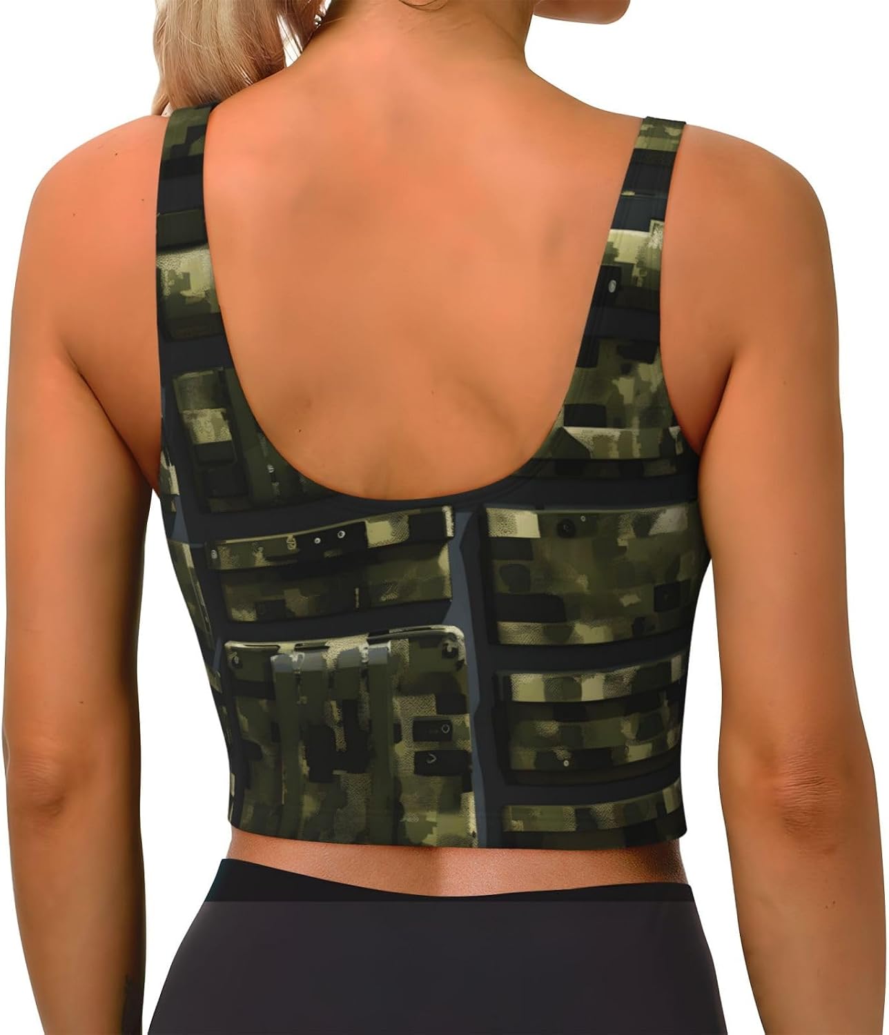 Army Digital Camouflage Print Women's Strappy Sports Bra, Stretch Gym Bras U Neck Yoga Tops, Comfort Seamless Bra