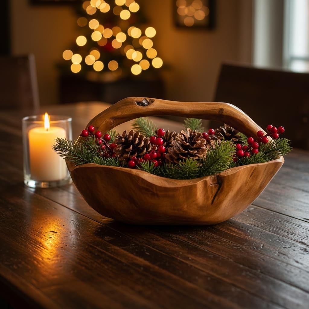 Cedar Wood Basket 10.2" x 11.5" Natural Brown Solid Wooden Accents Storage Basket Side Table Living Room Handmade Decorative Holder Fruits Breads Candy Display Kitchen Home Christmas Decor