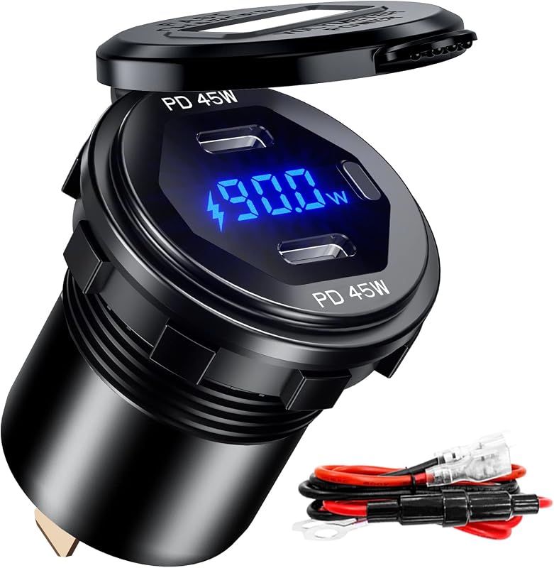 Tomada Carregadora Automotiva BATIGE com 2 Portas USB-C PD 45 W, Voltímetro LED e Interruptor – Kit para 12 V/24 V