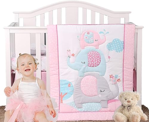 Luxanna Juego de ropa de cama para cuna, 3 piezas, diseño de elefante rosa, con edredón para bebé, sábana bajera para cuna, falda de cuna para niñas