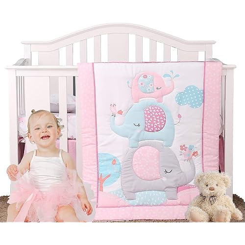 Pink Elephant Baby Crib Bedding Set 3 Pieces Baby Nursery Bedding Sets with Baby Comforter,Crib Fitted Sheet, Crib Skirt for Girls , Full