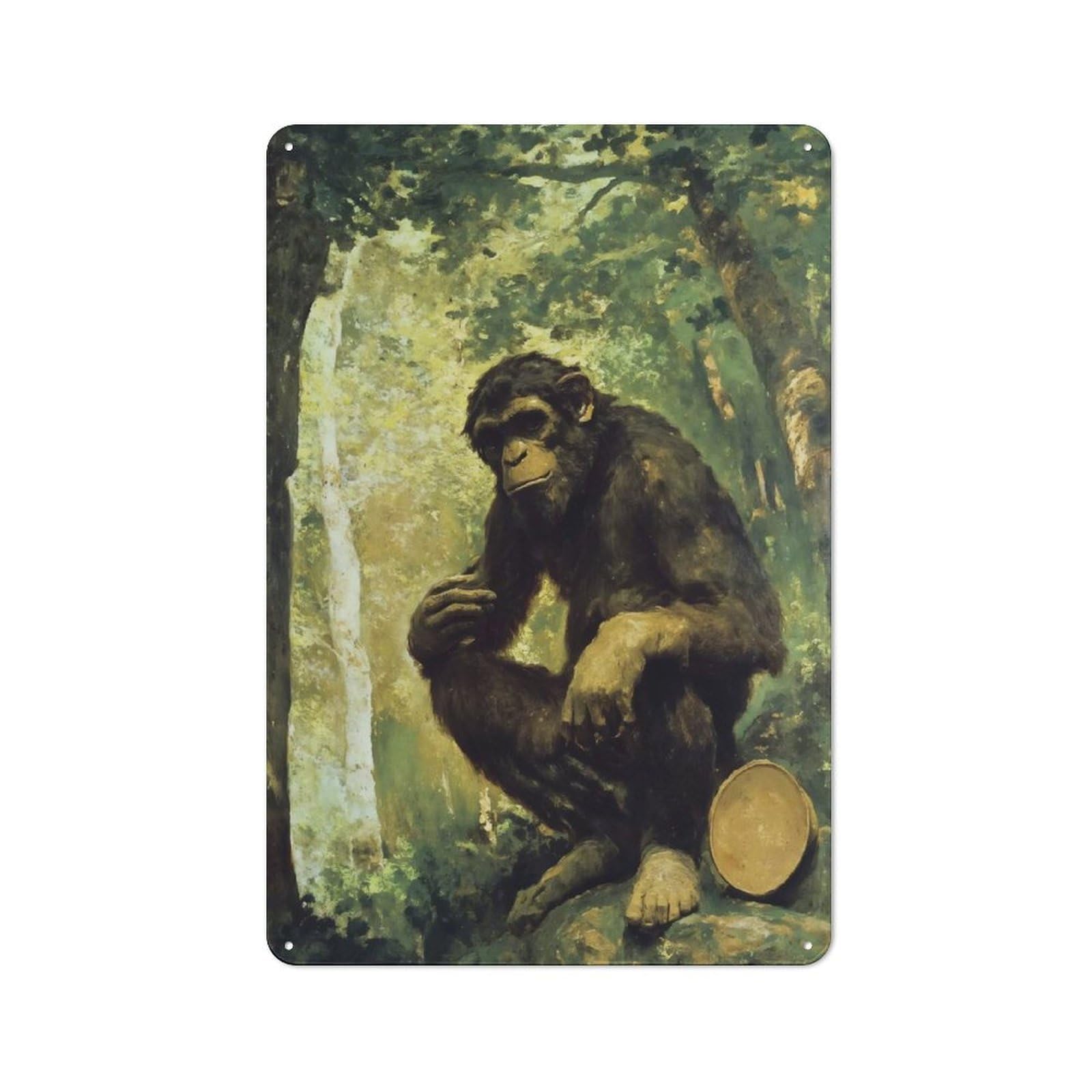 Junmoney Style-9 Rustic Metal Wall Sign 30X20cm Featuring Contemplative Chimpanzee In Forest Painting For Garage Wall, Tin Sign Wall Decor For Garages And Workshops