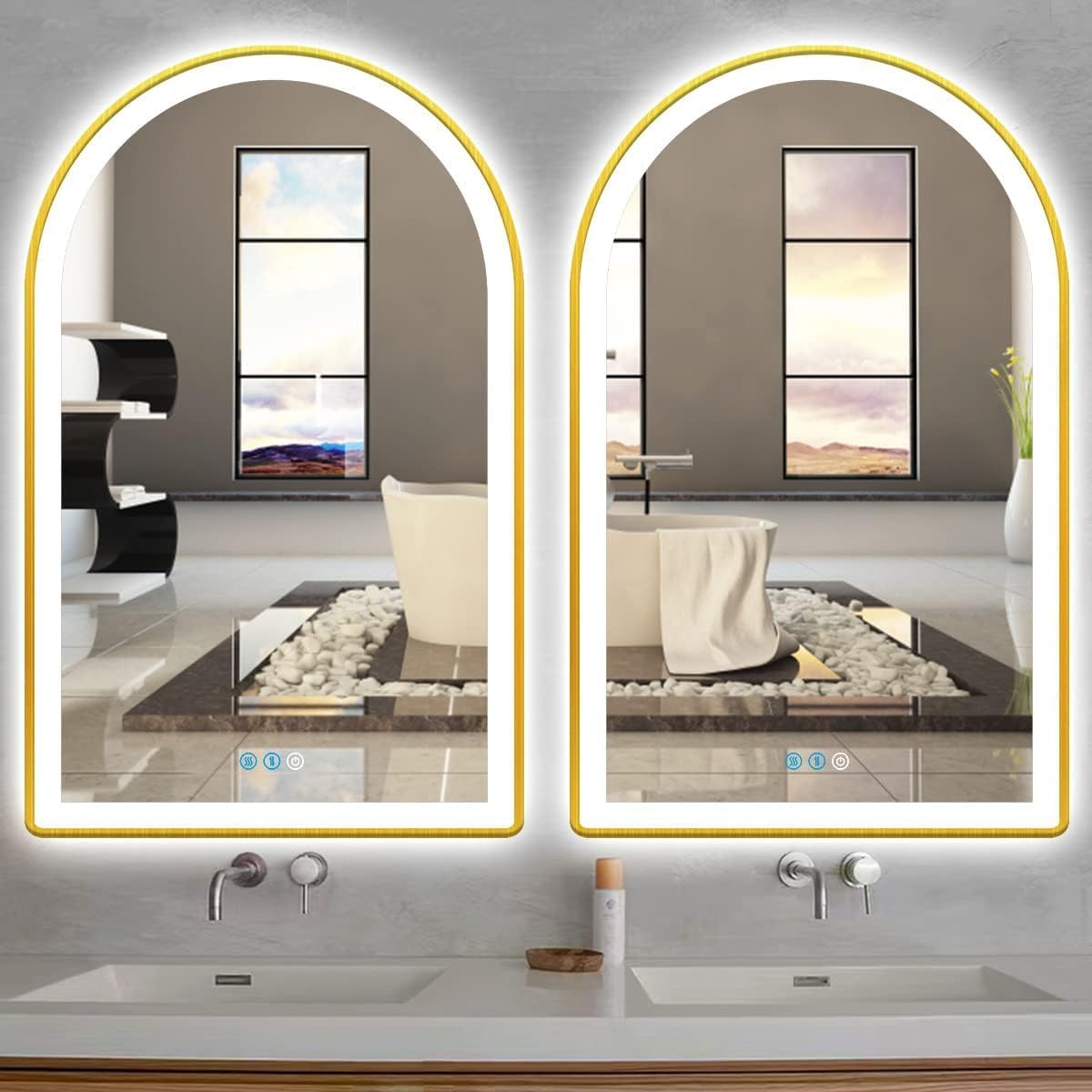 20x32 Inch Gold Bathroom Arch Vanity Mirror with Light Gold Frame Arch LED Mirror for Bathroom Wall Arched Lighted Mirror Anti Fog Dimmable 3Color 32" Gold Framed Arch Smart LED Light up Mirror