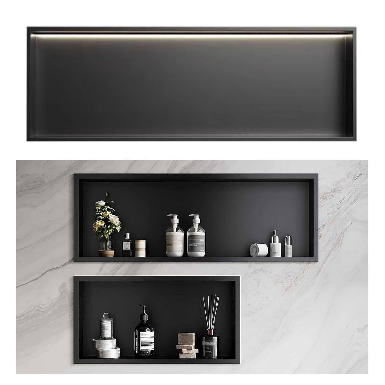 Ducha integrada de acero inoxidable, estante de almacenamiento individual para baño, negro mate, 92 x 32 x 12,5 cm, estante de ducha duradero, diseño moderno, ahorra espacio
