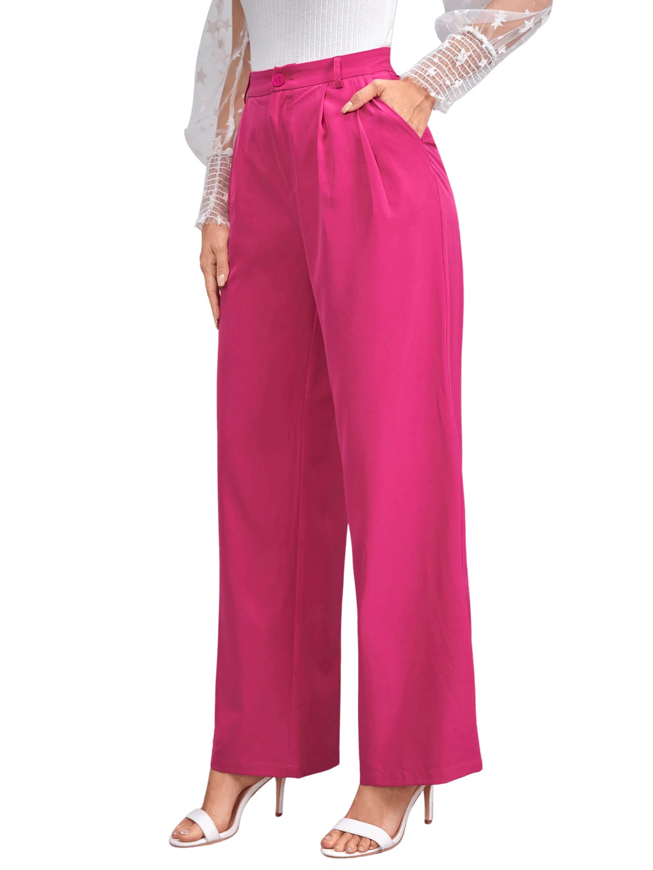 SweatyRocks Women's Casual Wide Leg High Waisted Button Down Straight Long Trousers Pants