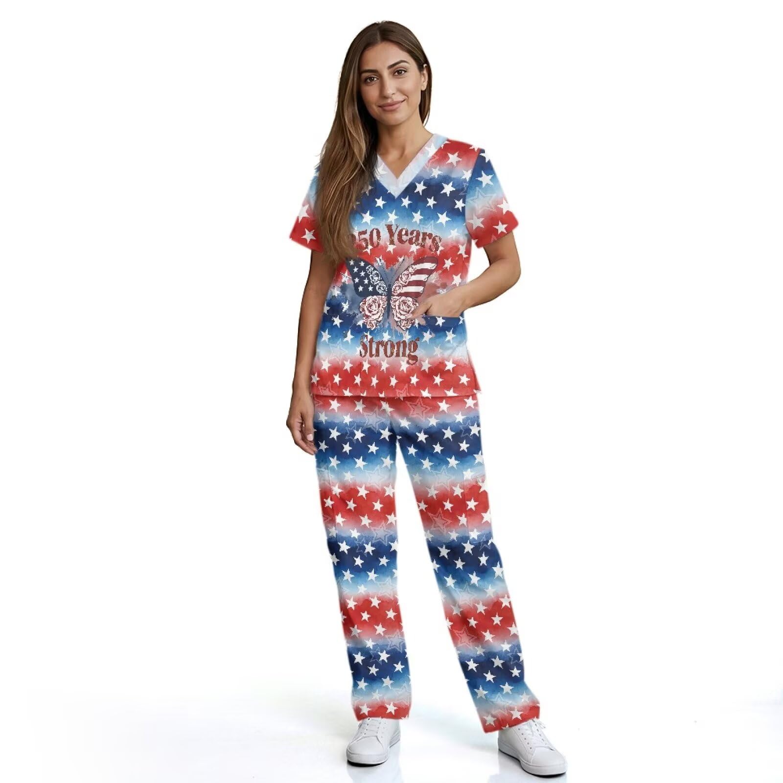 USA 250-letni damski zestaw peelingów czerwony, biały i niebieski top i spodnie patriotyczne, peelingi plus size dla kobiet, akcesoria do asystentów medycznych