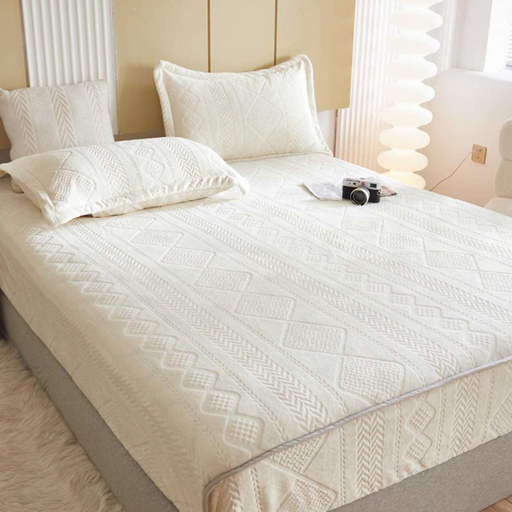 Beigea,180x200cmKING,LDLCYCN Velvet Fitted Sheet Warm Mattress Protector Soft Mattress Cover Bed Cover for Winter 11" Deep Pocket Breathable Mattress Pad Non-Slip Cover Mattress Topper Washable