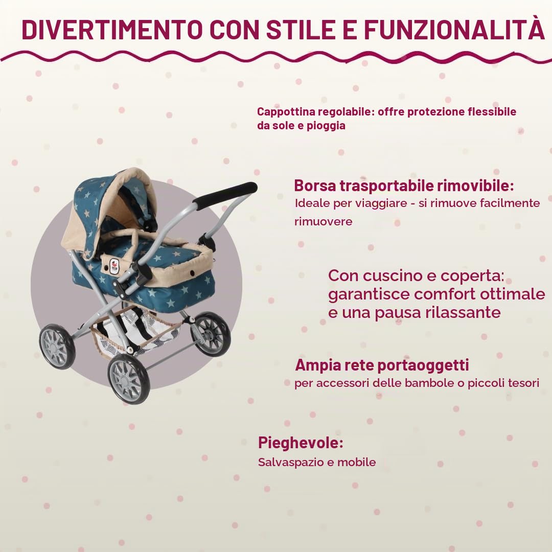 Bayer Chic 2000® Passeggino per bambole Smarty – stelle turchese beige – pieghevole – con tettuccia, borsa, cuscino e coperta – altezza manico 56 cm – per bambini dai 2 anni in su