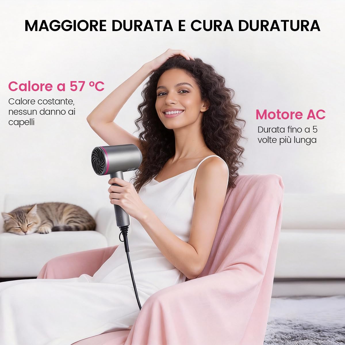 Asciugacapelli agli ioni di litio, 1500 W, motore AC, ad asciugatura rapida, asciugacapelli professionale con 2 velocità e 3 impostazioni di calore, pulsante aria fredda, 1 diffusore e 2 concentratori