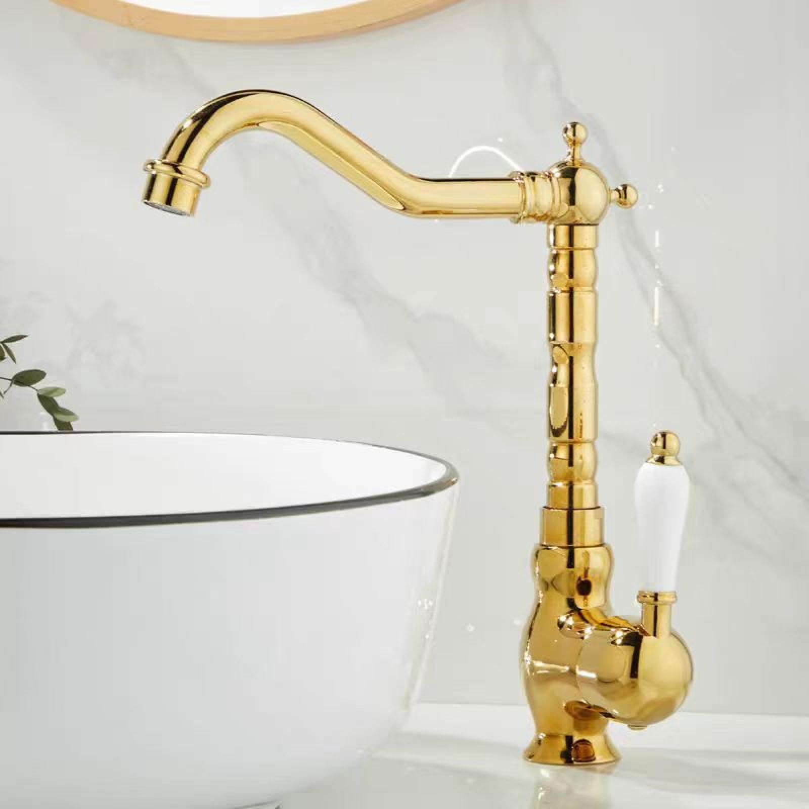 Fanjubei Gold Ordinary White Porcelain Handle All-Copper Kitchen Hot And Cold Water Sink Faucets