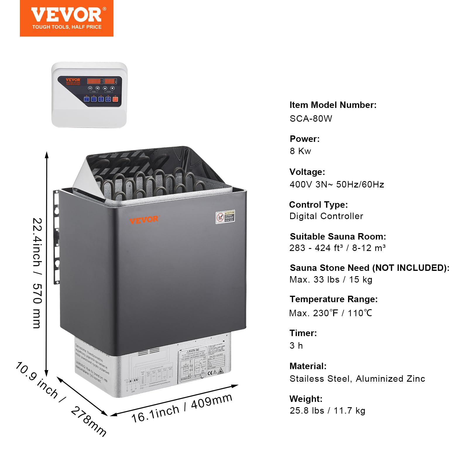 VEVOR Calentador de Sauna Eléctrico Portátil 8kW 400V 3N con Temporizador de 3 Horas Controlador Digital 110°C Máx para Sauna de 8-12 m³ Ducha de Spa de Hotel Uso Comercial, Piedras No Incluidas