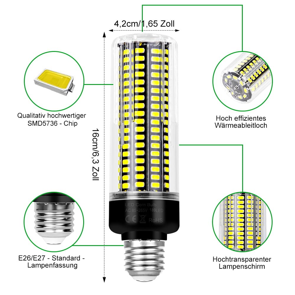 WENNI 6er-Pack E27 Lampe Tatsächliche Leistung 15W 6000K Tageslichtweiß Glühbirne 220V Maiskolben 189 LEDs Mais Leuchtmittel 85-265V für Werkstatt Garage Keller LED-Beleuchtung 2 Jahre Garantie