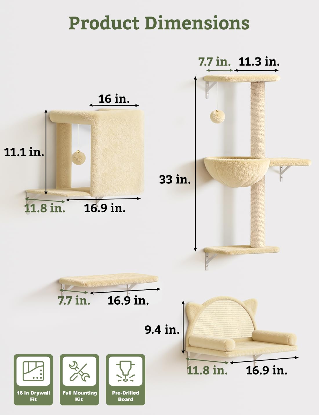 5-in-1 Katzen kletterwand Set mit Katzenbaum Hängematte,Katzen Wandelemente,Katzentreppe Wand, Massivholz Katzenwandmöbel Set für Katze Catwalk - Beige