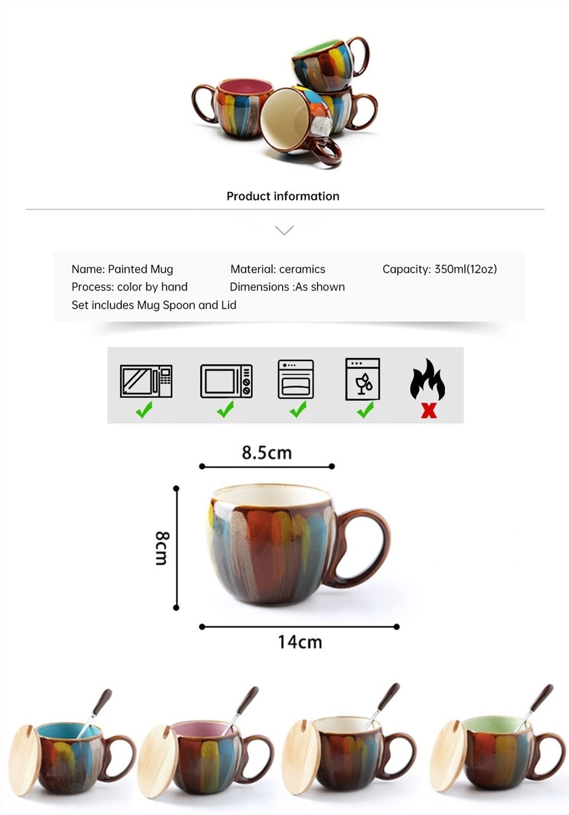 Kaffeetasse Gemalte Kaffeetasse 12 Oz Keramik Kreatives Frühstück Tee Wasser Tasse Handgemachte Milchschale mit Löffel als Geschenk Teetasse (Size : 350ml, Color : Rood)