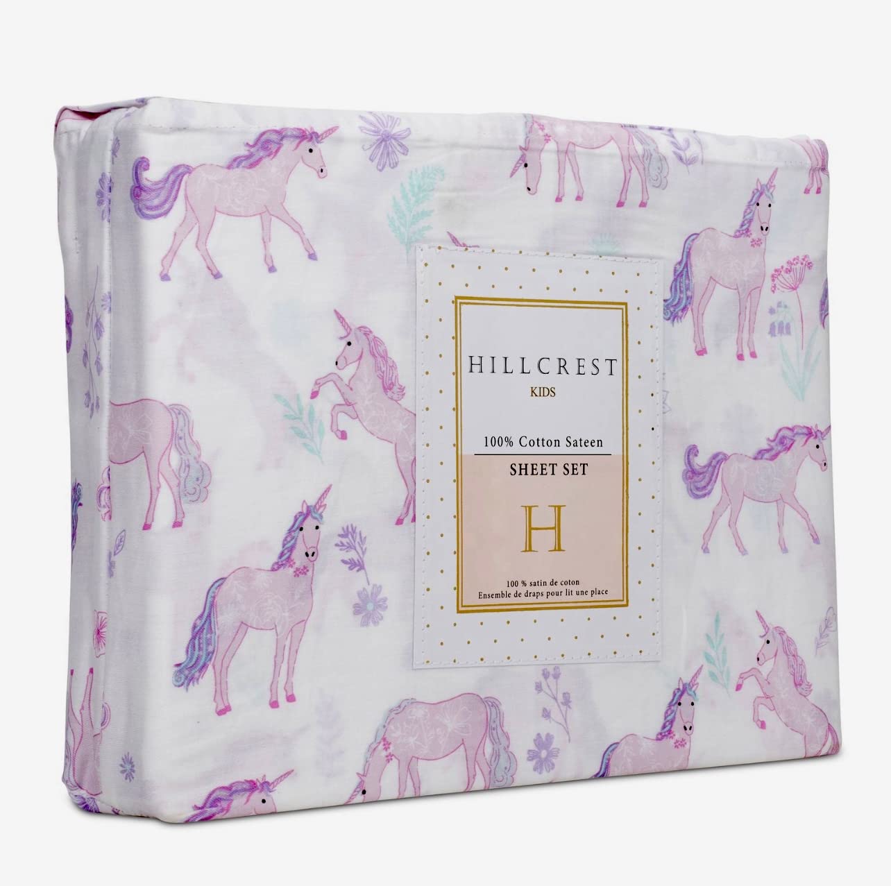 GenericHillcrest Kids Magical Unicorn World 100% Cotton Sateen Sheet Set Pastel Floral Unicorns (Twin)