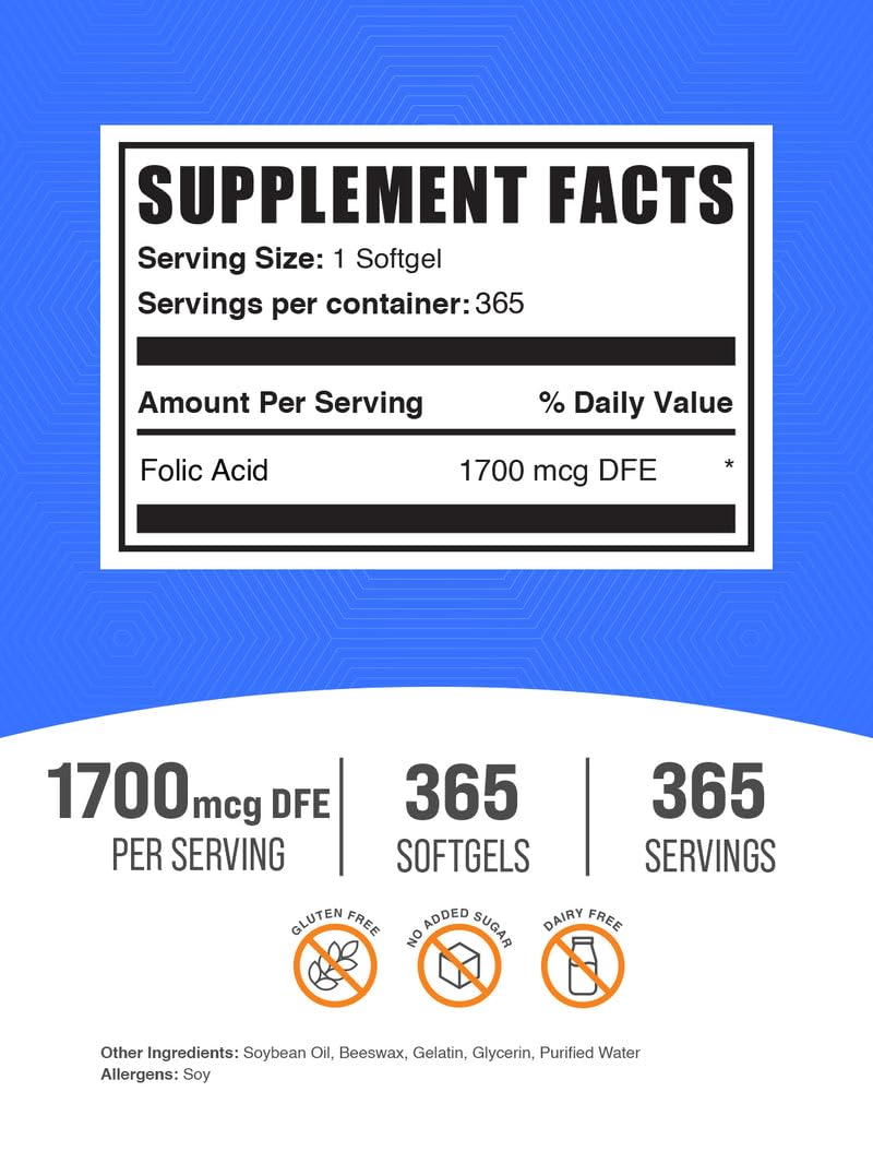 BulkSupplements.com Folic Acid Softgels - Vitamin B9, Folic Acid 1000 mcg, Folate Supplement - Gluten Free, 1 Softgel per Serving, 365 Count (Pack of 1) — Amazon image 2
