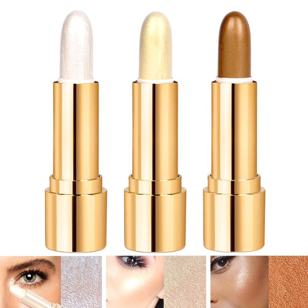 3 Colors Illuminator Highlighter Makeup Sticks Cosmetics Whitening Cream Contour Concealer Sticks Shimmer Foundation Stick Face Cheeks Eye Nose Highlight Concealer Pen?Gold, silver and brown (3 PCS)