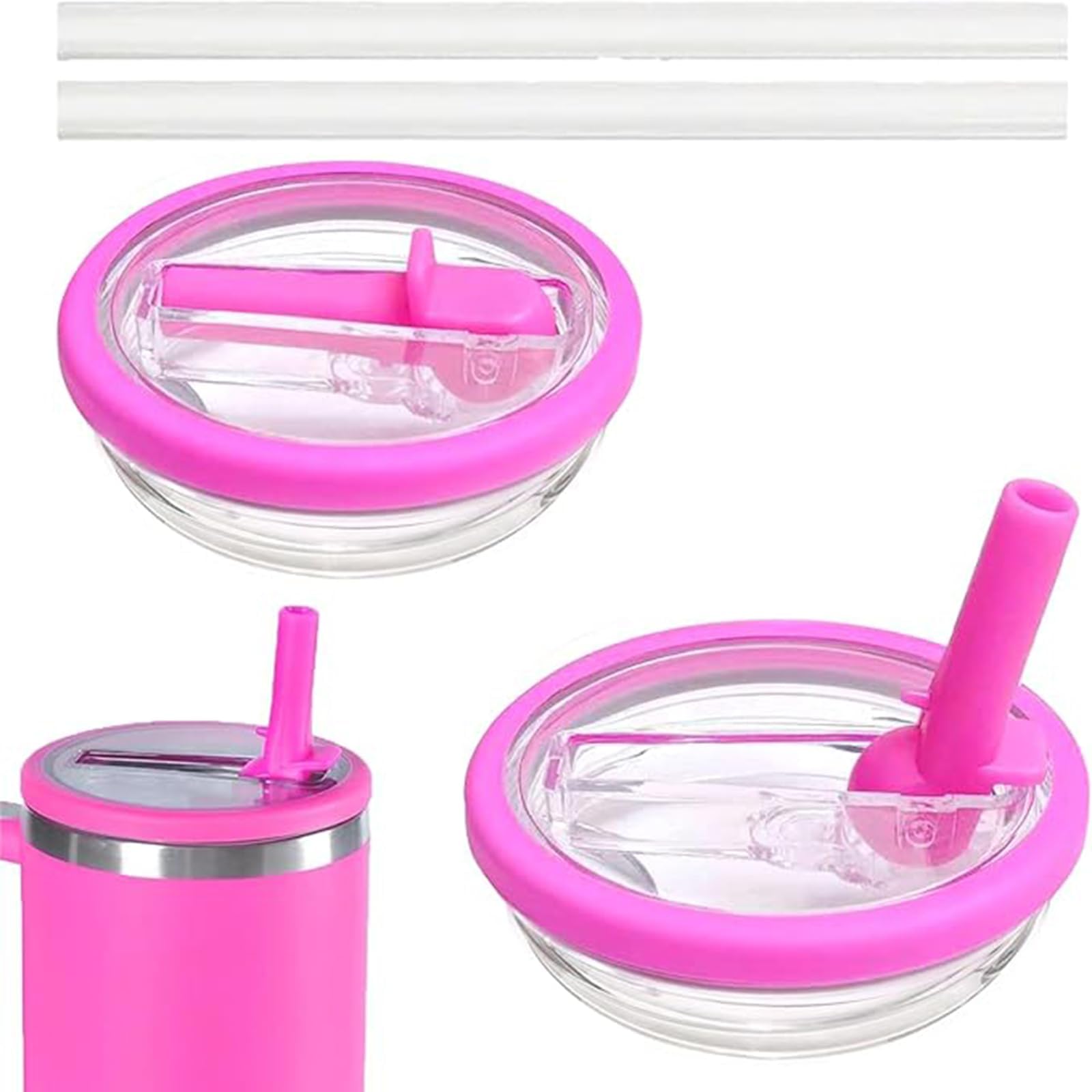 Stanley Cup Deckel Auslaufsicher, 2 Stück Ersatzdeckel für Stanley Cup 40oz mit 2 Strohhalm, Wiederverwendbarer Auslaufsicher Deckel für Stanley Cup Zubehör (Pink)