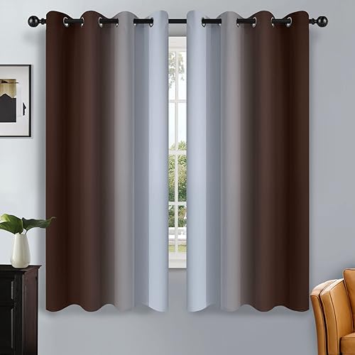SimpleHome Ombre Room Darkening Curtains for Living Room, Light Blocking Gradient Brown to Greyish White Thermal Insulated Grommet Window Curtains/Drapes for Bedroom, 2 Panels, 52x63 inches Length