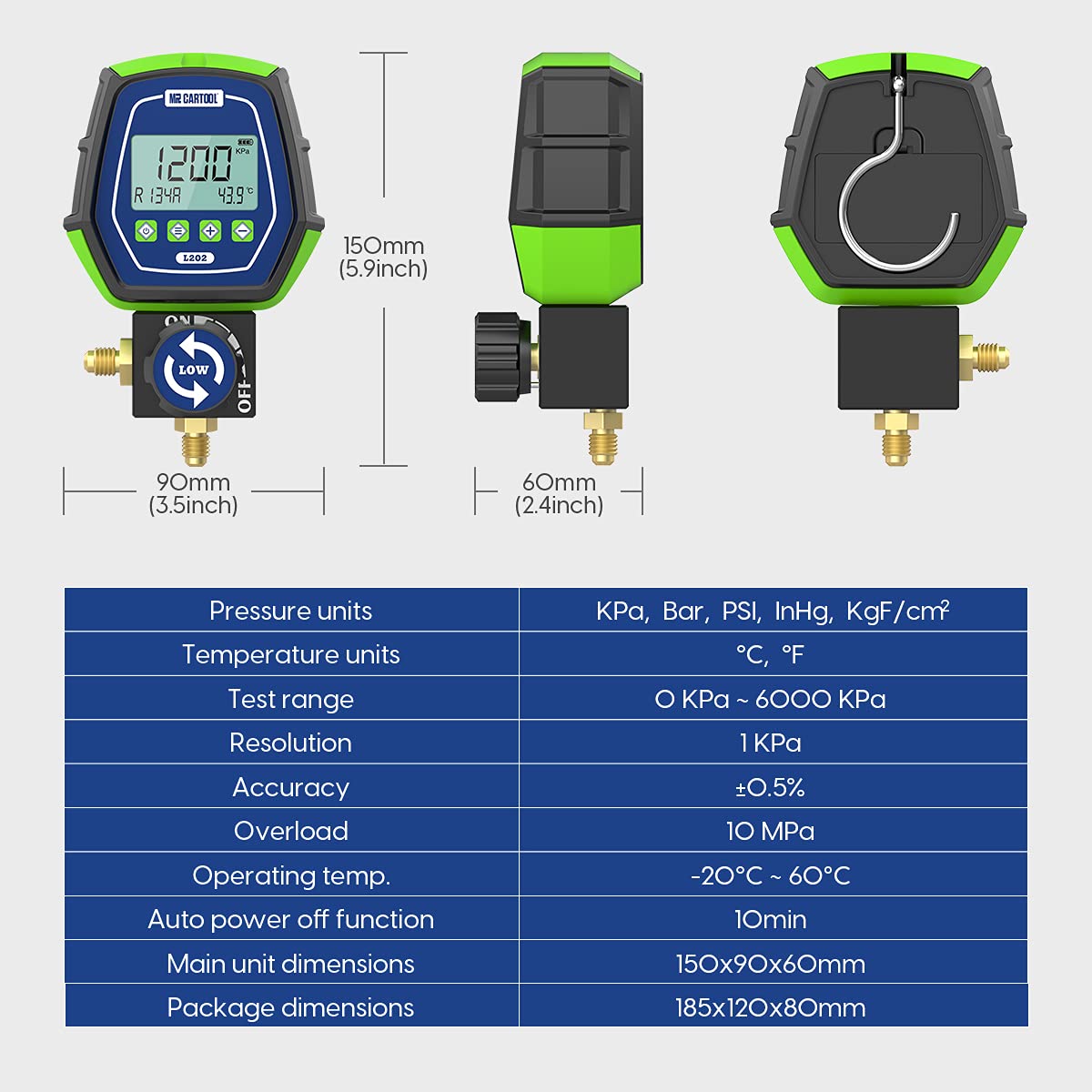 MR CARTOOL Manometro Digitale Gas Bassa Pressione HVAC Refrigerante Collettore Manometri Digitali per Sistemi di Refrigerazione Condizionatori R32 R410a