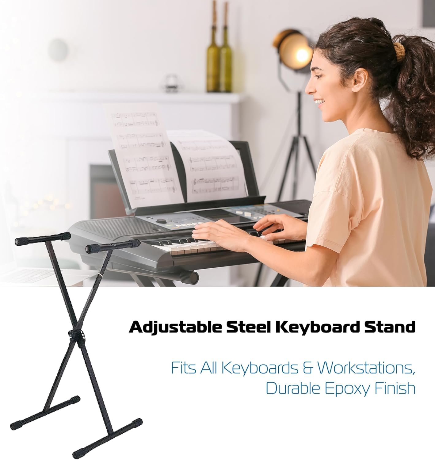 Supporto Tastiera Ad X Regolabile in Acciaio - Stand Robusto per Tastiere e Workstation, Altezza Regolabile 640-980 mm, Carico Max 20 Kg