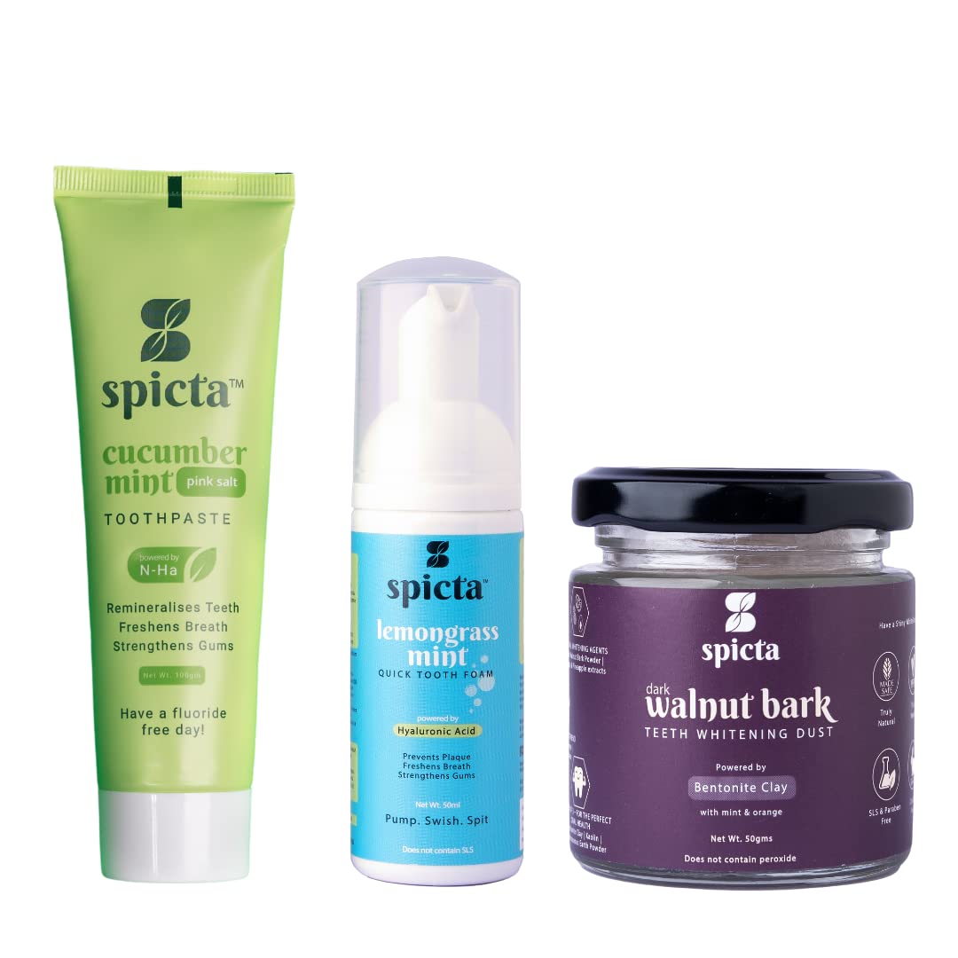 Spicta Cucumber Mint Natural Hydroxyapatite Toothpaste, Lemongrass Mint Tooth Foam & Walnut Bark Teeth Whitening Powder | No Peroxide, Alcohol, Fluoride Free, SLS Free for Adults & Kids, Pack of 3