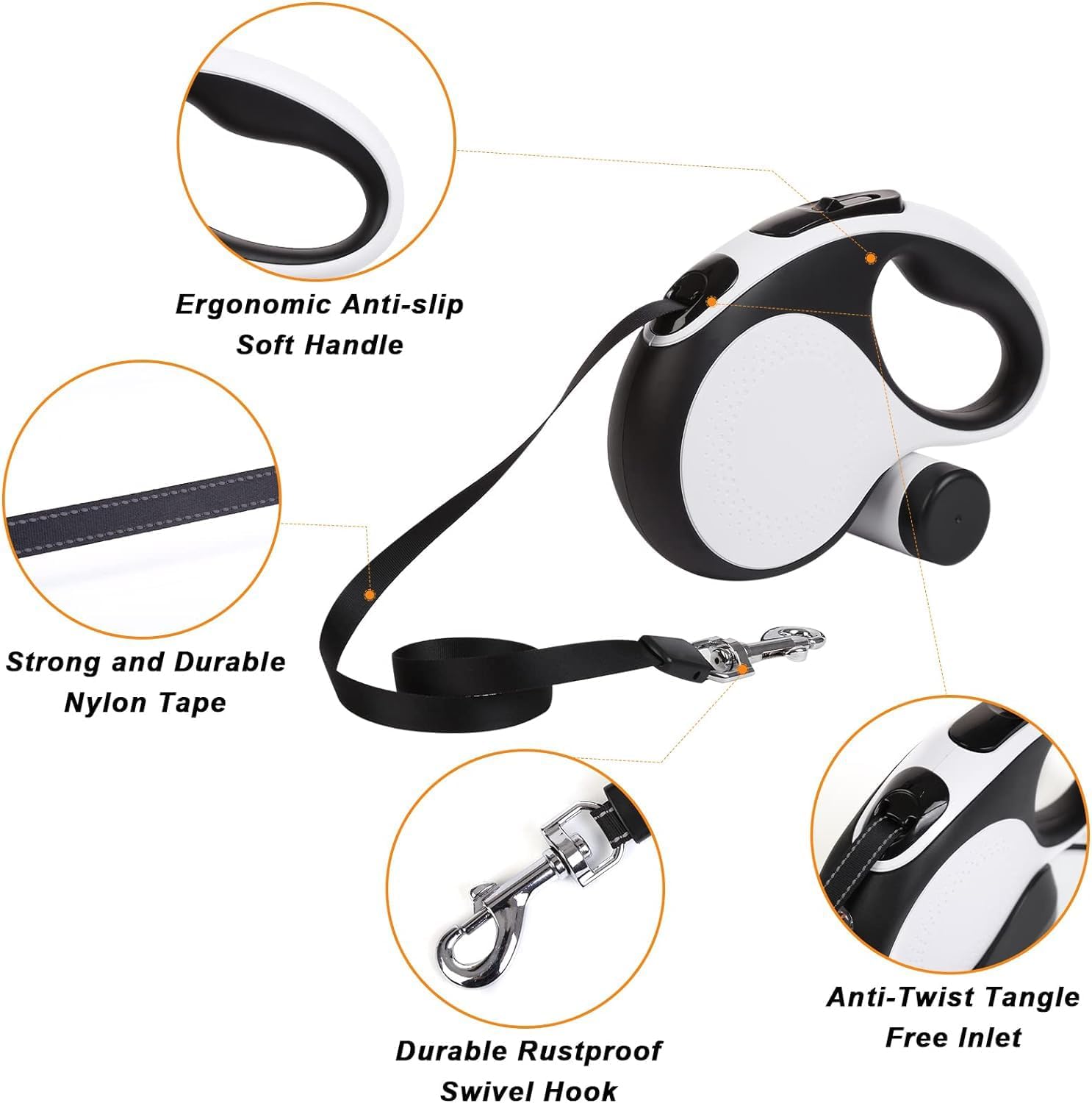 ESPIDO-Retractable Dog Leash, Long Leash for Dogs, 26FT Heavy Duty Cable for Small to Large Dogs UP to 110LBS, 360° NO Tangle, ONE-Handed Brake, (White-Black)