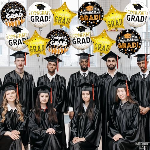 Image of KatchOn, Congrats Grad Balloon Set - 18 Inch, Pack of 12 | Congrats Grad Balloons for Graduation Decorations 2026, Black and Gold Graduation Balloons, Congrats Grad Decorations, Grad Party Decor