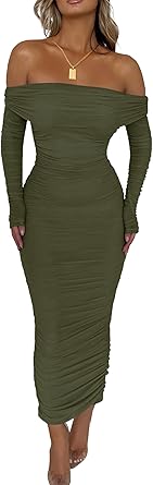 PRETTYGARDEN Women's Fall Off The Shoulder Maxi Dress Spring Long Sleeve Ruched Fitted Bodycon Club Dresses with Slit