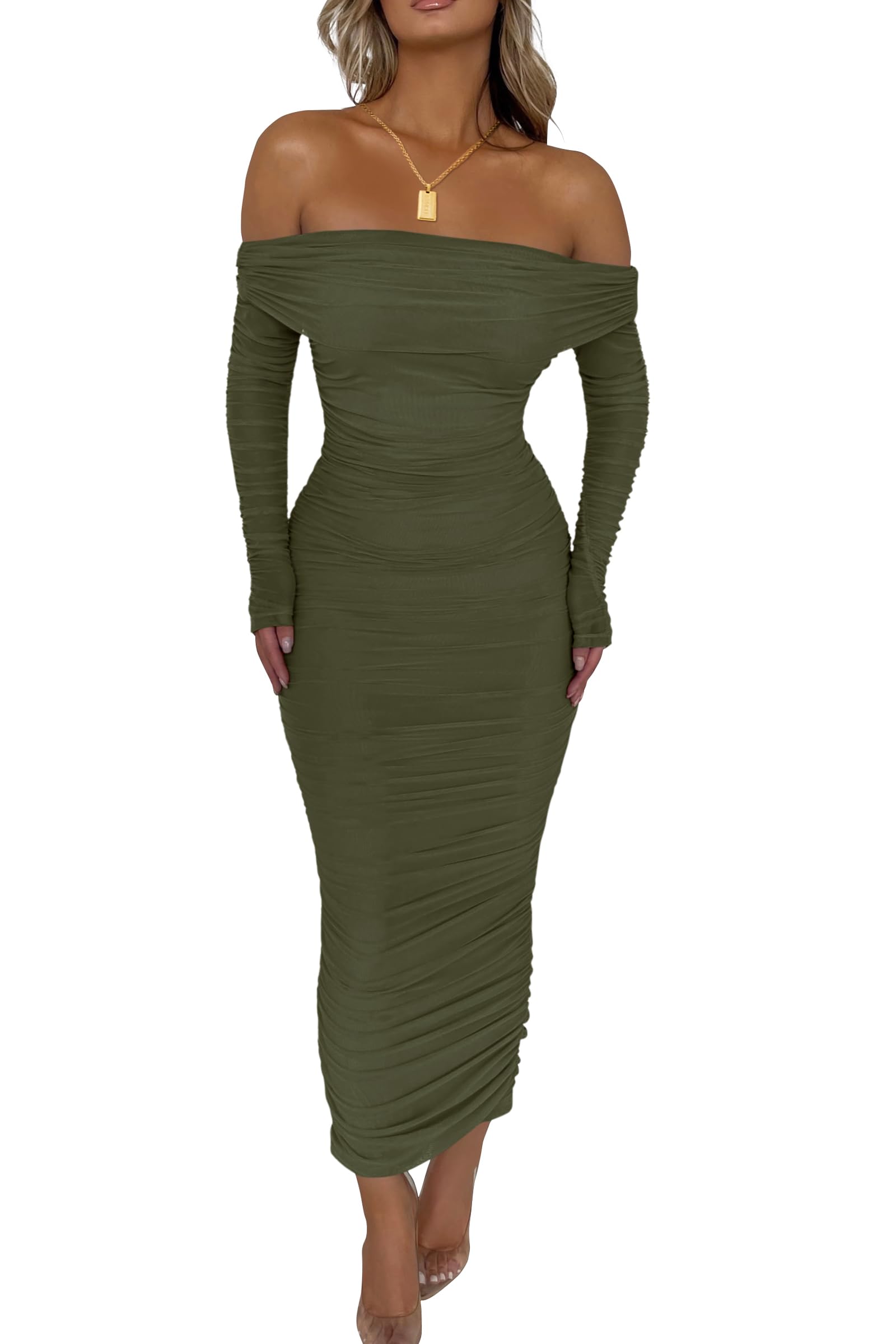 Photo 1 of PRETTYGARDEN Women's Off Shoulder Bodycon Maxi Dress