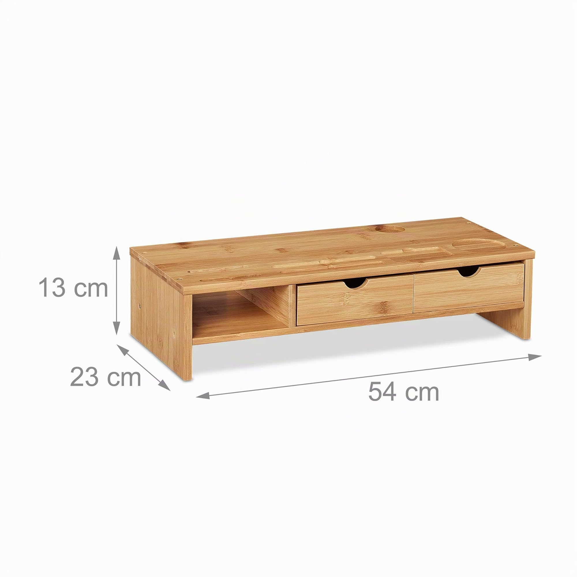 Relaxdays Support d'écran PC en Bambou 2 tiroirs Rehausseur Ordinateur 13x54x23 cm Naturel