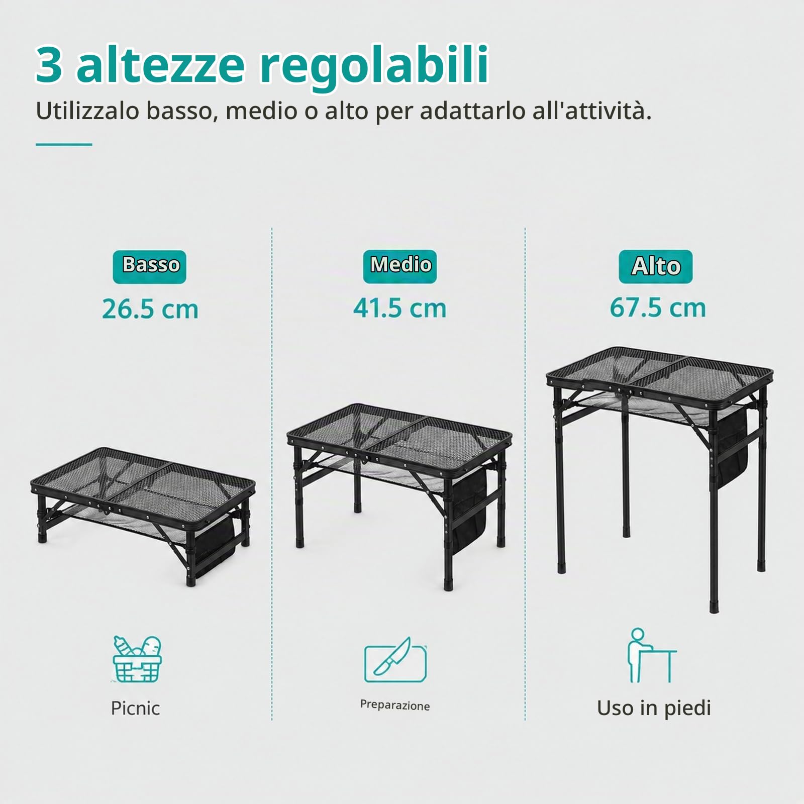 GOOGO Tavolo grill pieghevole da esterno, 60 x 40 x 56 cm, tavolo da campeggio con gambe rialzate e piano a griglia, per BBQ, balcone, picnic e bancarella (nero)