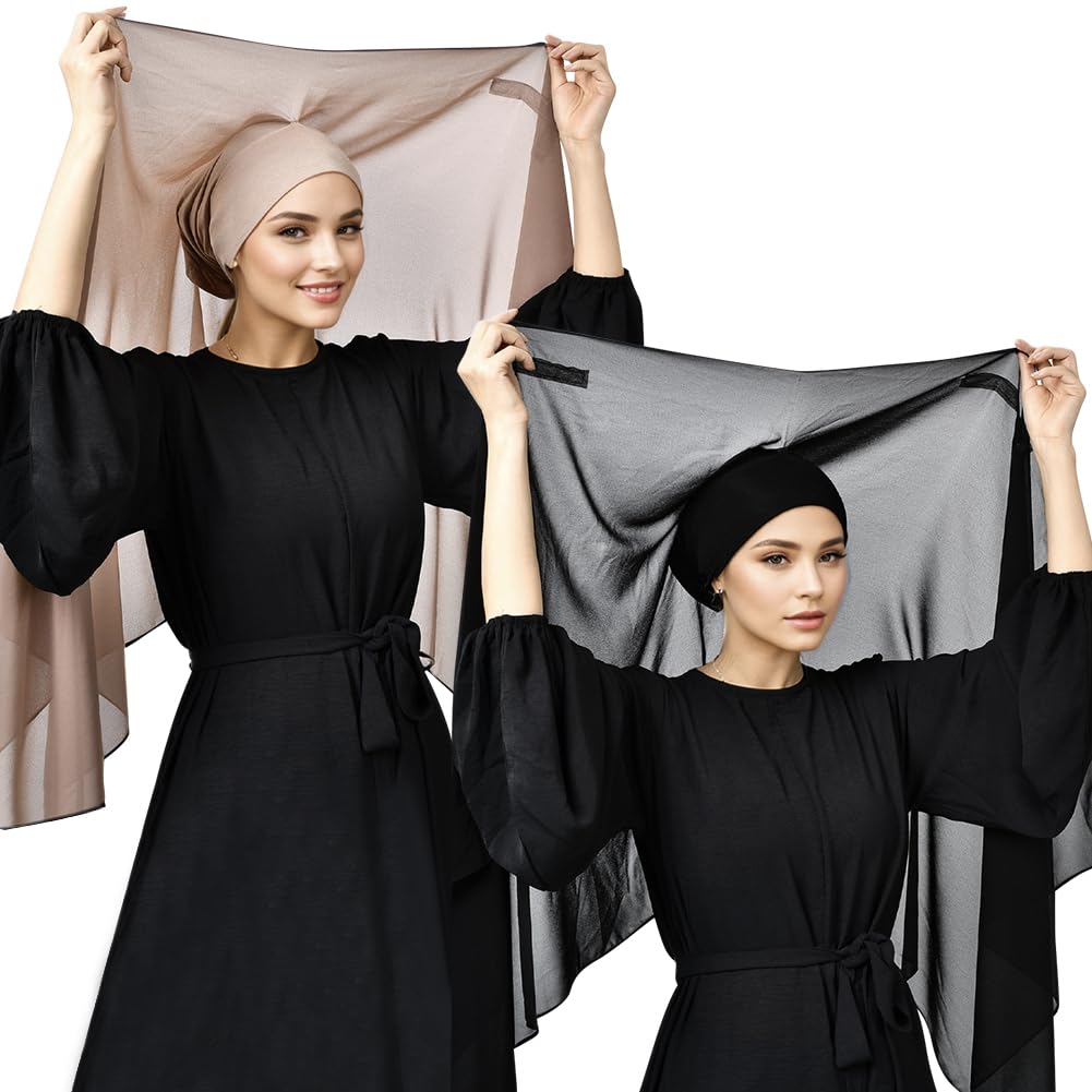 Lot de 2 hijab instantanés en mousseline de soie pour femme avec aimant intégré et bonnet cousu sous l'écharpe