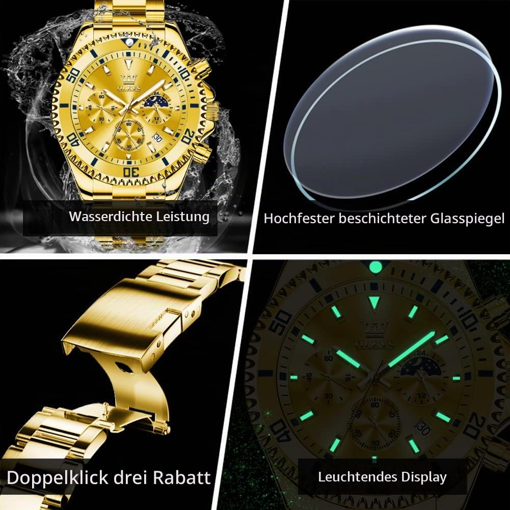 OLEVS Uhren für Herren, klassisch, Datum, Business-Kleid, luxuriös, großes Zifferblatt, grün/schwarz/blau, wasserdicht, leuchtende, Analoge zweifarbige Edelstahl Herren Armbanduhr
