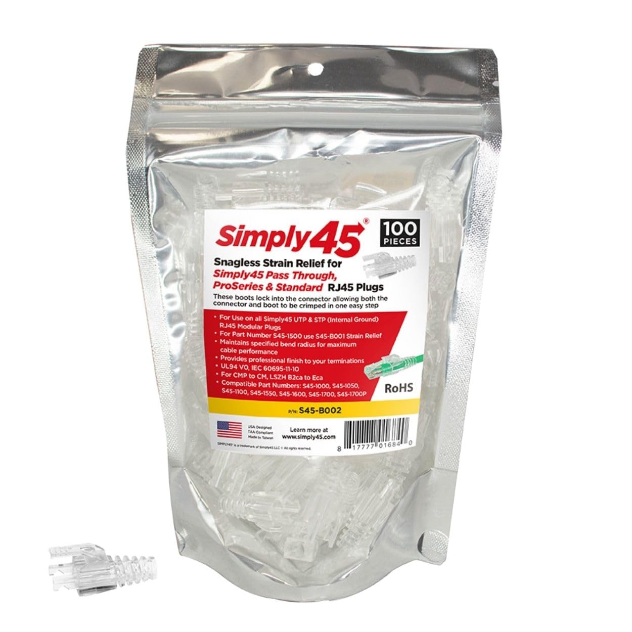SIMPLY45 Snagless Boot, Strain Relief for Simply45 Cat5e Plugs, Pack of 100 Pieces
