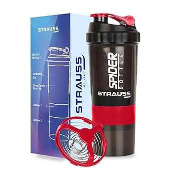 STRAUSS Spider Gym Shaker Bottle | Shakers for Protein Shake with 2 Storage Compartment | Leakproof Gym Protein Shaker for Post and Pre-Workout Drink | 100% BPA Free (500 ML, Pack of 1,Red) - image, photos