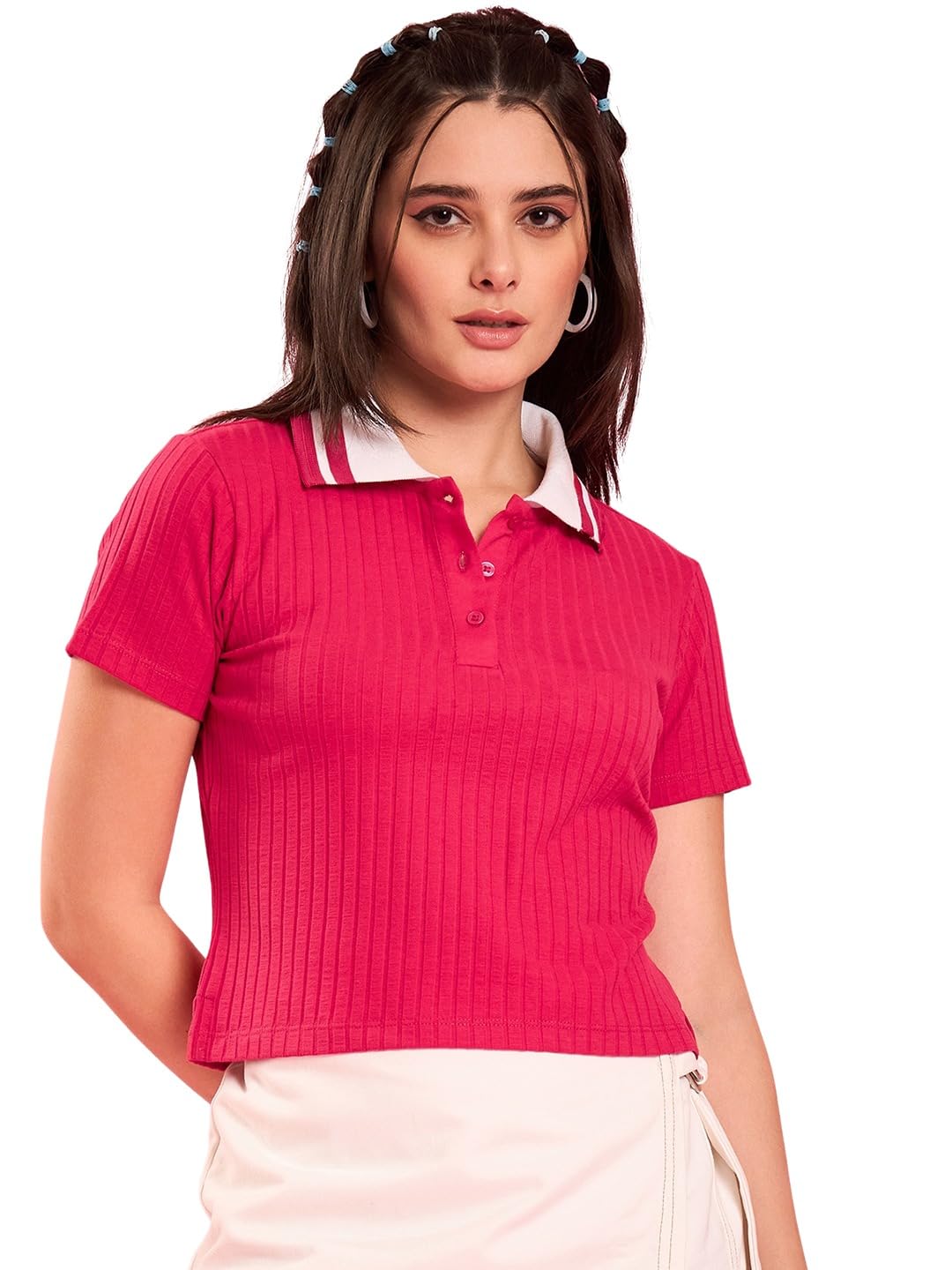 Pink Ribbed Polo Cotton Crop Top-image-37