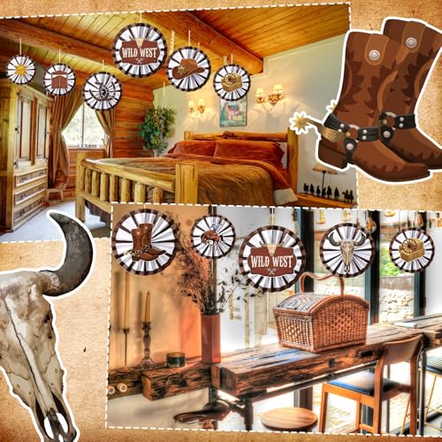 Image of Affrolling 18 Pack Western Party Decorations Including 9 Pcs West Wooden Hanging Paper Fans and 9 Pcs Wagon Wheels Saddle Shorse Horseshoe Cowboy Hat Sticker for Wild Party Birthday Classroom Decor