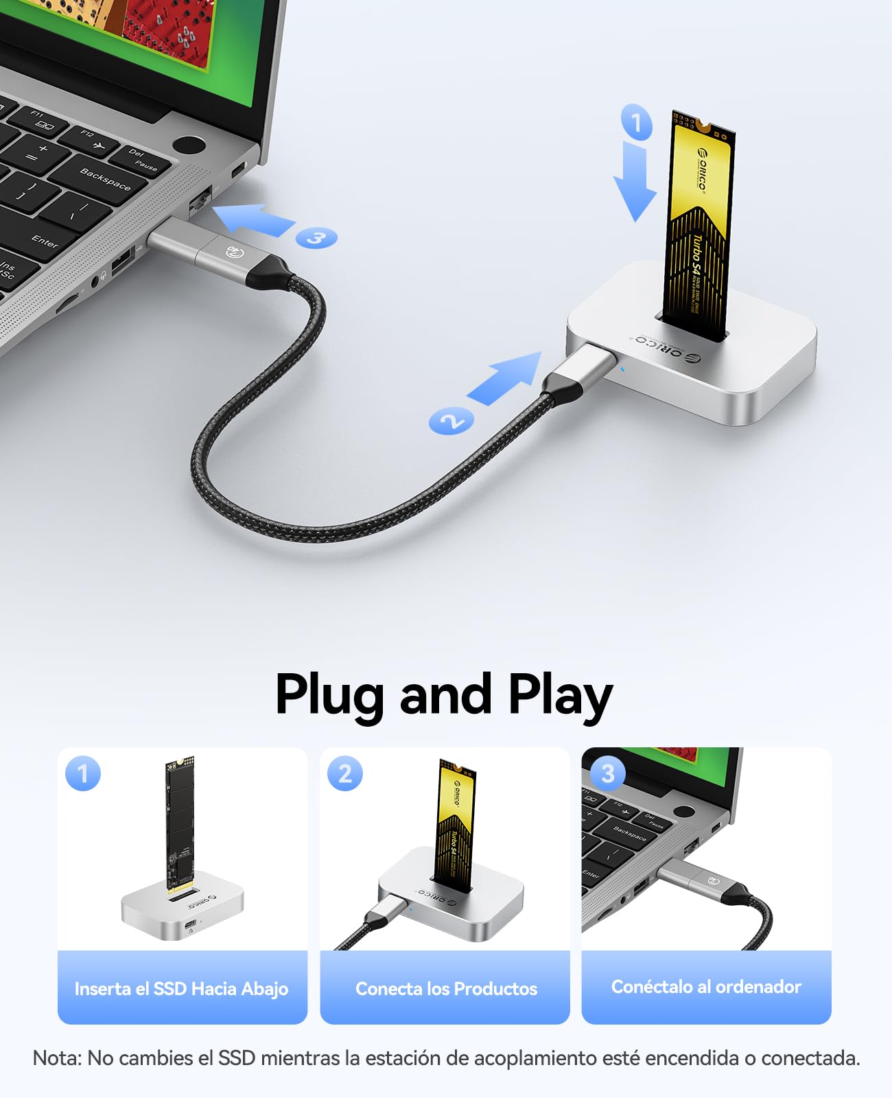 ORICO Carcasa Para SSD M.2 NVMe/SATA, Estación de Acoplamiento USB 3.2 Gen 2 para M.2, Adaptador Para SSD M.2 NVMe, Compatible con M.2 de 2230/2242/2260/2280/22110, Compatible con Windows/Mac OS/Linux