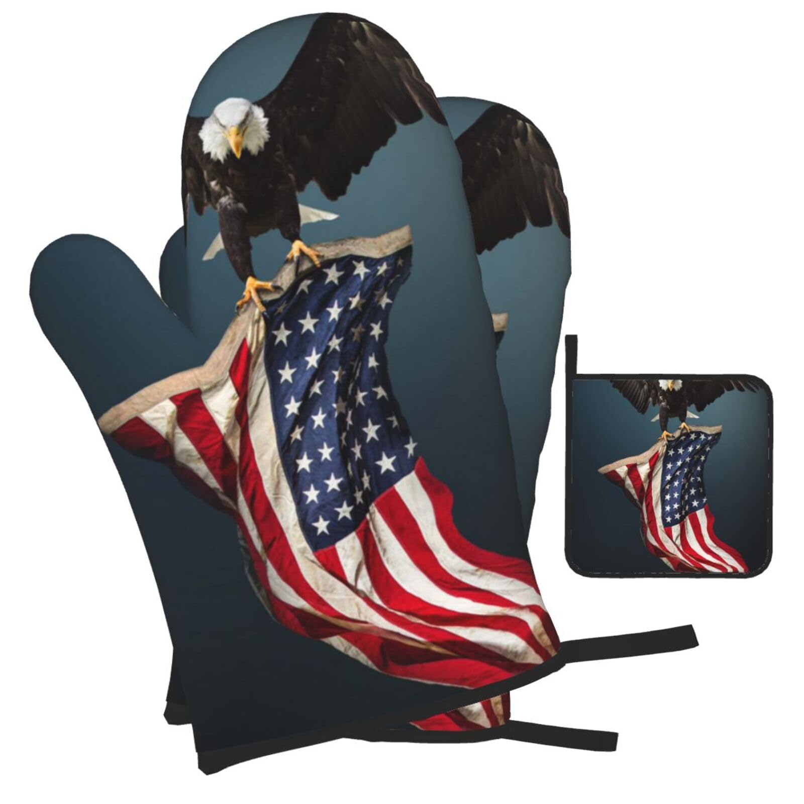 3D Bald Eagle Flying with American Flag Printed Oven Mitts and Pot Holders Heat Resistant Set of 3 Pcs, Modern Kitchen Gloves & Potholders for Cooking Baking Grilling