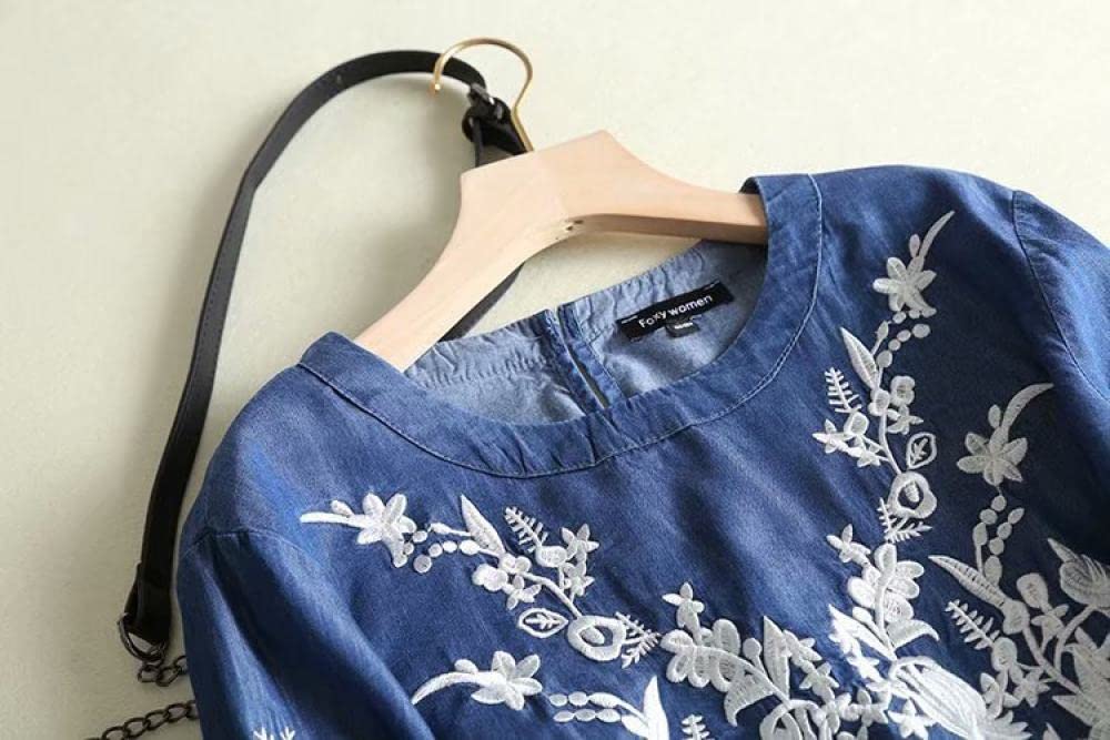 Bluse Damen, Damen Jeanshemd Mit 3/4 Ärmeln Vintage Dunkelblau Blumenstickerei Rundhalspullover Hemden Oberteile Lässig Locker Gewaschen Blusen Elegante Tunika-Oberteile Für Damen Mädchen
