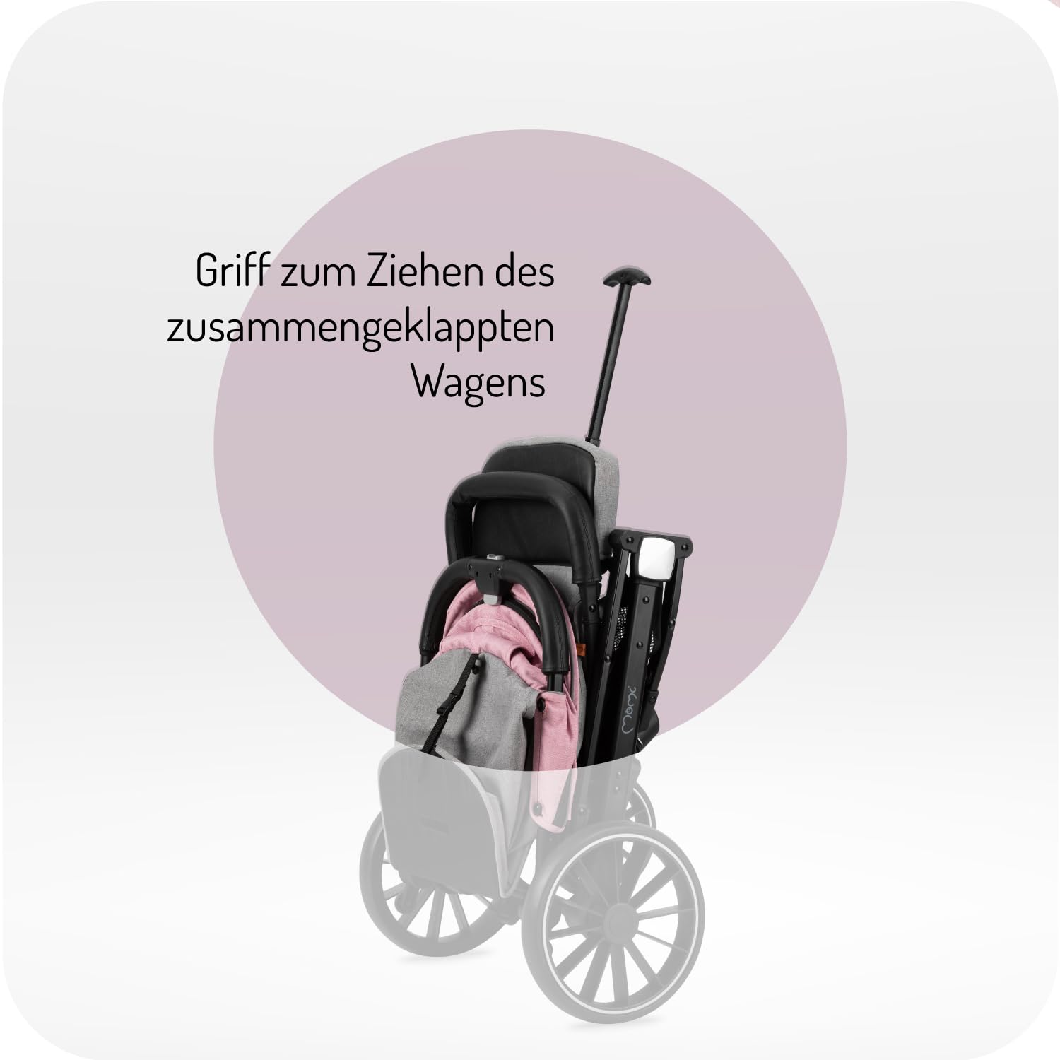 MoMi ESTELLE PLUS LIGHT Kinderwagen ab 6. Monat (bis 22 kg), klappbarer Buggy mit 5-Punkt-Sicherheitsgurt, Einkaufskorb und Liegefunktion, Teleskop-Stange zum Ziehen, steht nach dem Zusammenklappen