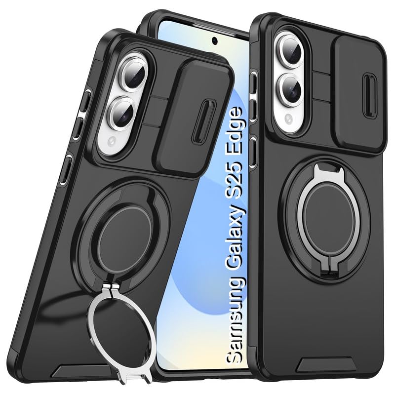 Image of LuxuryKase Shockproof Rugged Case for Samsung Galaxy S25 Edge | Slide Camera Cover | 360 Rotating Ring Kickstand | Military-Grade Protection - Matte Black