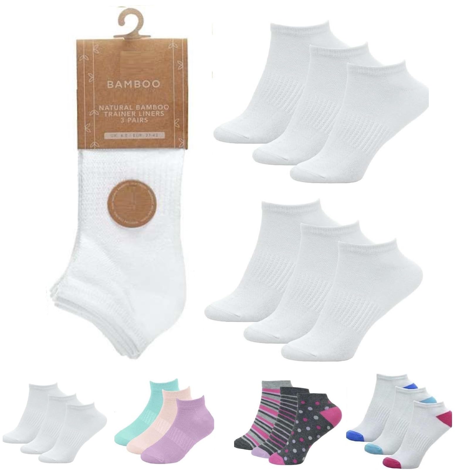 Onlybee Women's Plain White 6 Pairs Of Bamboo Trainer Ankle Socks (Plain White)