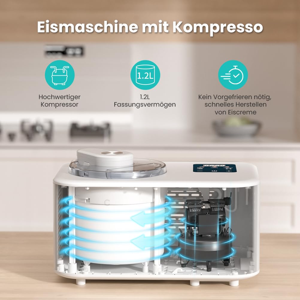 Eismaschine mit Kompressor 1,2L, Eismaschine Selbstkühlend 110W, mit Entnehmbarem Eisbehälter, inkl. Eisportionierer/Messzylinder mit Skala