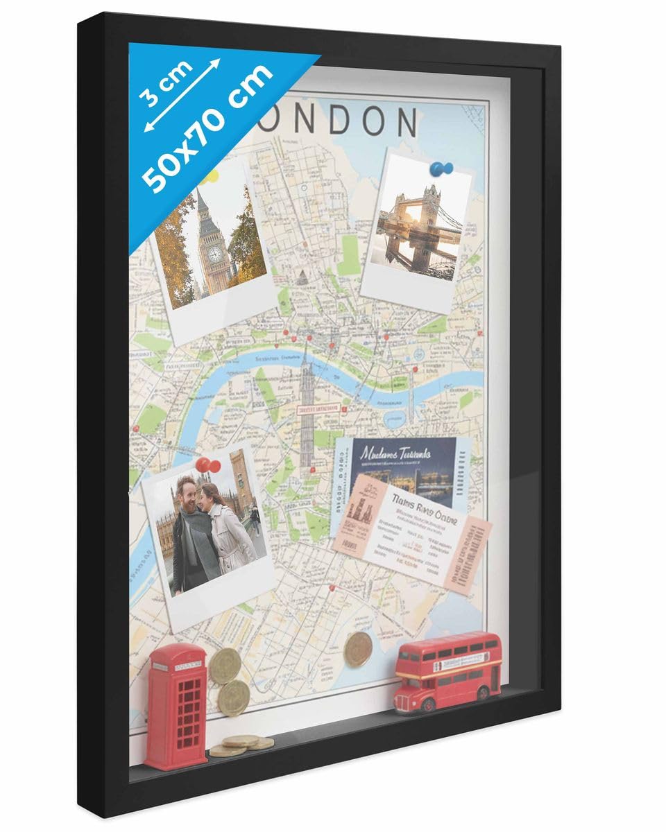PHOTOLINI Cadre Photo 3D à remplir 50 x 70 cm Noir, Cadre boîte Profond, pour Objets jusqu'à 3 cm, Bois MDF, Verre Acrylique - pour Les Loisirs créatifs & comme Cadeau